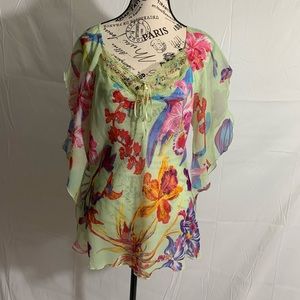 NWOT- Newport News Floral Watercolors Sheer shoulder blouse/top w/embroidery.